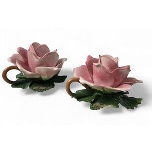 Capodimonte Pink Rose Finger Candle Holder Set of 2 Porcelain Italy 3.5" Vintage